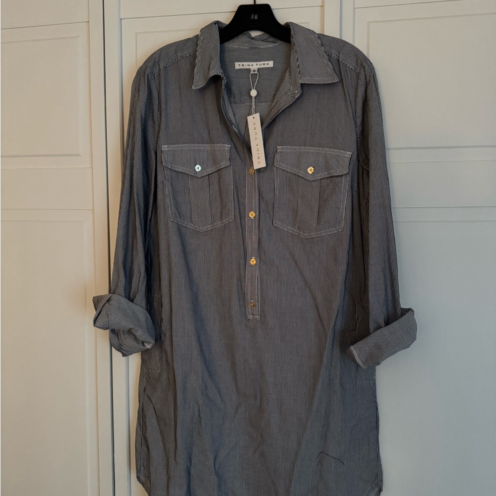 NWT Trina Turk Blue and White Long Sleeve Dress